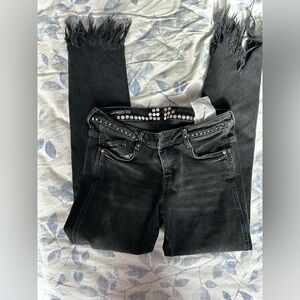 ZARA Trafaluc Black Skinny Goth Jeans with Studded Waistband & Frayed Hem – Y2K